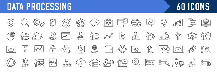 Data Processing web icons in line style. Analytics, gear, network, statistic, filter, diagrams, technology. Icon collection. Vector illustration.