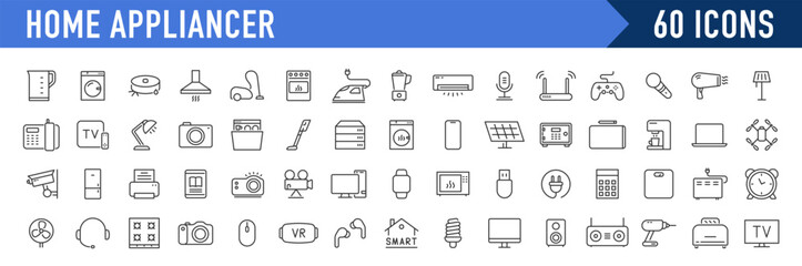 Home Appliances web icons in line style. Household appliance, vacuum cleaner, refrigerator, TV, cooking, entertainment, conditioning, dishwasher, collection. Vector illustration.
