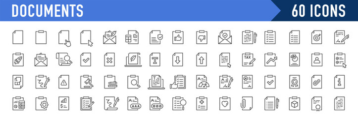 Document web icons in line style. Clipboard, certificate, accept, approved, invoice, archive, collection. Vector illustration.