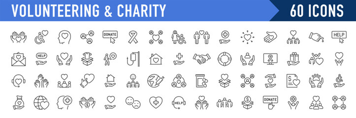 Volunteering and charity web icons in line style. Donate, donor, doctor, care, help, support, collection. Vector illustration.