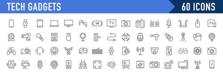 Obraz na płótnie Canvas Tech Gadgets web icons in line style. Phone, tablet, laptop, startup, tv, dron, robot, game controler, vr, headphones, projector, collection. Vector illustration.