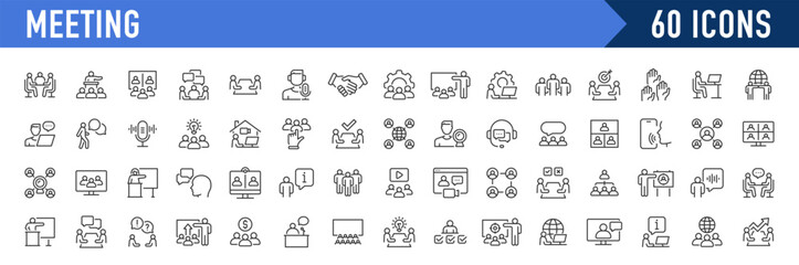 Naklejka na ściany i meble Meeting web icon set in line style. Conference, team, brainstorm, seminar, interview, collection. Vector illustration.