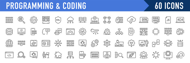 Programming and Coding web icons in line style. Software, development, legal, cloud computing, programmer, data, collection. Vector illustration.