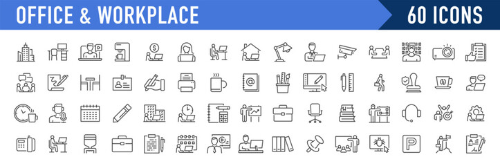 Office and Workplace web icons in line style. Employe, conference, project, document, business, work, support, contact us, productivity strategy, collection. Vector illustration.