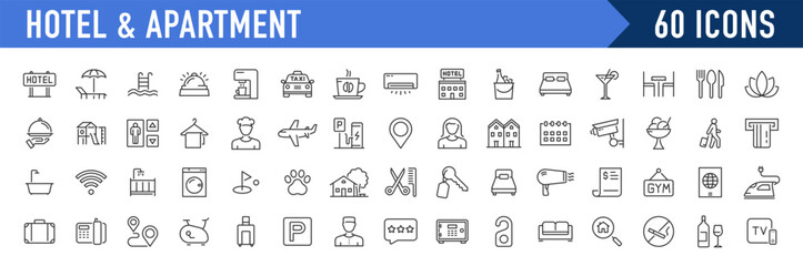 Naklejka na ściany i meble Hotel and apartament web icons in line style. Rental, reservation, hotel booking, room, parking, travel, service, airport, collection. Vector illustration.