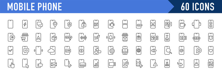 Mobile phone web icons in line style. Smartphone, telephone, call, chat, voice, message, mail, pay, pin, live, collection. Vector illustration.