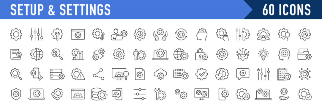 Setup and Settings web icons in line style. Options, download, update, configuration, gears, optimization, collection. Vector illustration.