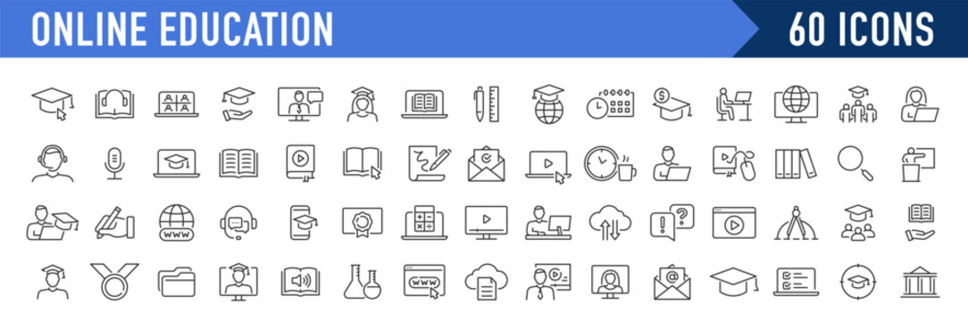 Online Education and E-learning web icon set in line style. E-book, video tutorial, mentor, distance learning, video and audio courses, collection. Vector illustration.
