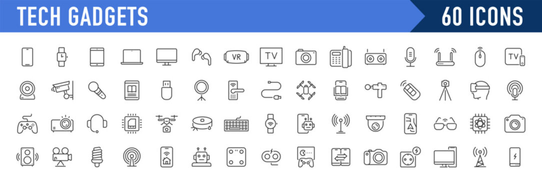 Tech Gadgets web icons in line style. Phone, tablet, laptop, startup, tv, dron, robot, game controler, vr, headphones, projector, collection. Vector illustration.