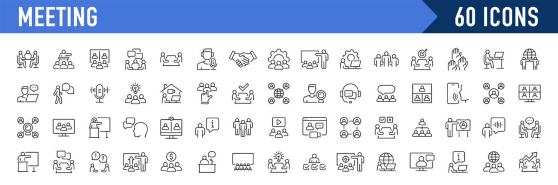 Meeting web icon set in line style. Conference, team, brainstorm, seminar, interview, collection. Vector illustration.