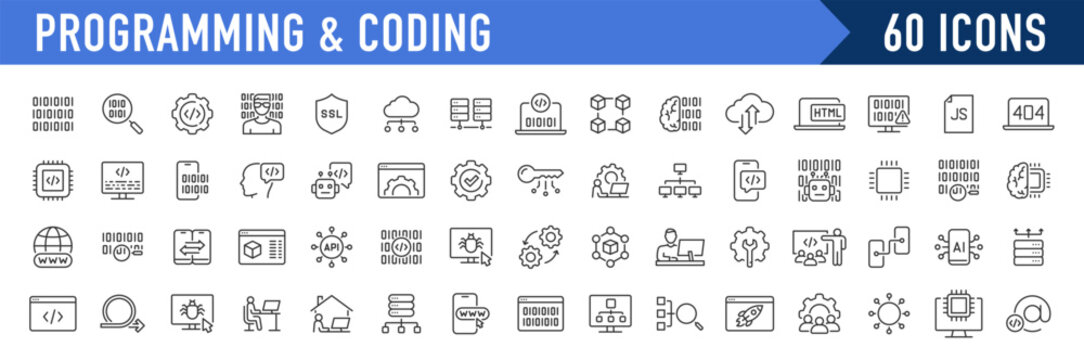 Programming and Coding web icons in line style. Software, development, legal, cloud computing, programmer, data, collection. Vector illustration.