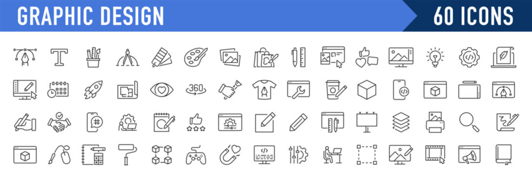 Graphic design web icons in line style. Icons for graphic designer, creative package, stationary, software, creativity, tools, drawing, collection. Vector illustration.