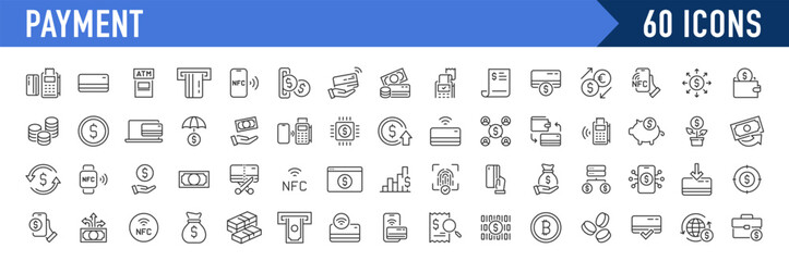 Payment web icons in line style. Money, payment methods, pay online, card, business, wallet, bank, collection. Vector illustration.