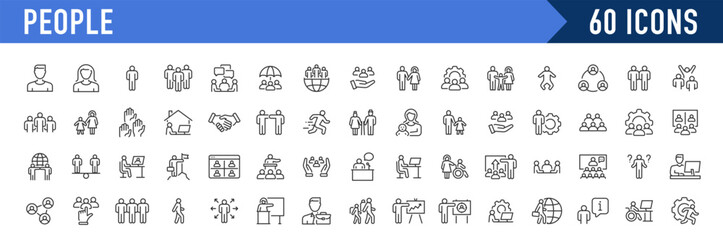 People icons in line style. Team, business people, human resources, collaboration, research, women, meeting, partnership, support, businessman. Collection. Vector illustration.