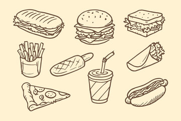fast food set ink sketch vector illustration