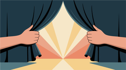 hands pulling open stage curtains to reveal bright light, vector illustration for unveiling new perspective, grand opening and discovery announcement
