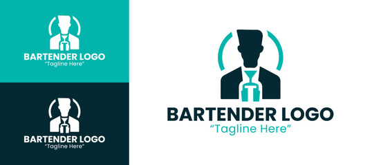 Unique Bartender Logo with Shaker and Cocktail Glass for Business Identity in Teal and Dark Blue