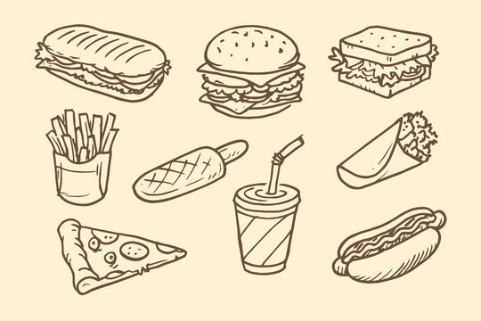 fast food set ink sketch vector illustration