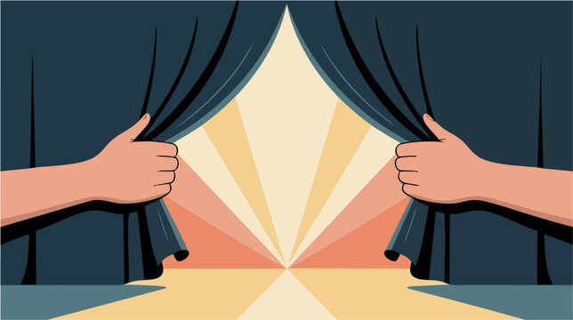 hands pulling open stage curtains to reveal bright light, vector illustration for unveiling new perspective, grand opening and discovery announcement