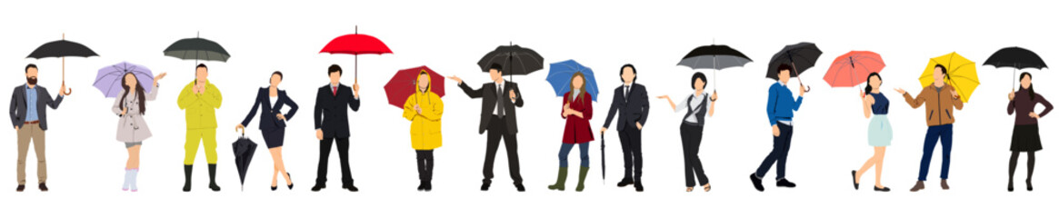 People with umbrella in rainy day. Man and woman in raincoat under rain vector flat characters isolated