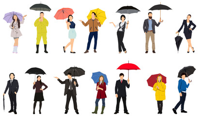 People with umbrella in rainy day. Man and woman in raincoat under rain vector flat characters isolated
