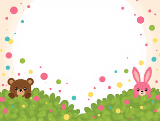 A heartwarming watercolor illustration of a brown bear and a cream rabbit sitting in a flower field, Cute cartoon animals enjoying sweets in a garden setting, featuring a bear, a rabbit. Generative ai