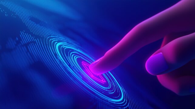 User finger presses neon glowing holographic key image with digital overlay. Virtual interface of computer photography conceptual composite. Innovation concept photo realistic
