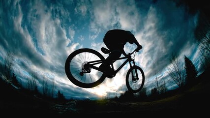 Mountain bike silhouette jump sunset sky clouds outdoor dirt trail cyclist adventure thrill excitement extreme action cycling forest nature sport - Powered by Adobe