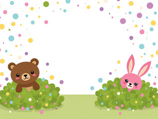 A heartwarming watercolor illustration of a brown bear and a cream rabbit sitting in a flower field, Cute cartoon animals enjoying sweets in a garden setting, featuring a bear, a rabbit. Generative ai