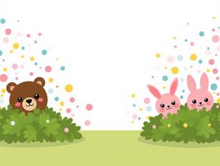 A heartwarming watercolor illustration of a brown bear and a cream rabbit sitting in a flower field, Cute cartoon animals enjoying sweets in a garden setting, featuring a bear, a rabbit. Generative ai