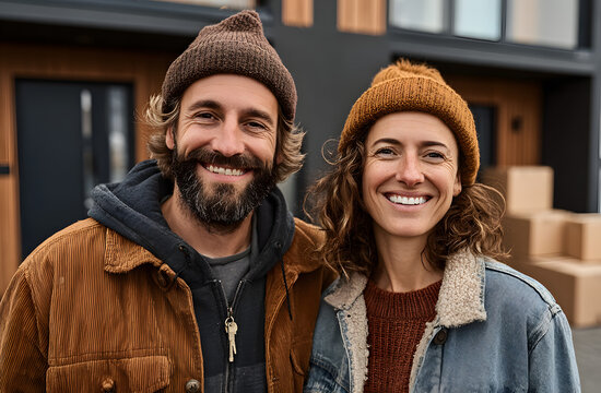 Happy young couple home owners hold keys. Smiling millennial man, woman first time homeowners carry boxes on moving day. Mortgage loan new house ownership concept. Buying real estate, relocation,