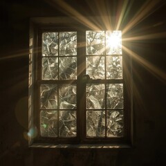 A sunbeam filters through a cracked window, creating a dramatic interplay of light and shadows in an abandoned room.