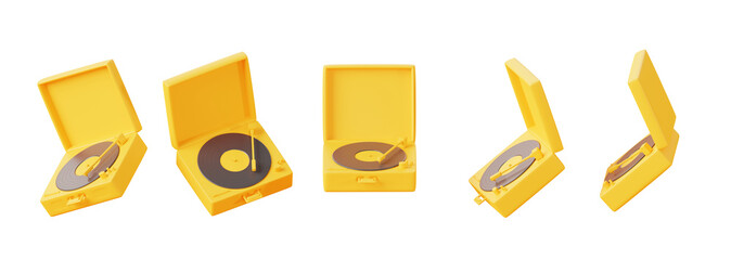 Retro record player with vinyl lp in suitcase 3d render icons set. Old vintage music turntable boxes in yellow monochrome style. Phonographs in different angles isolated on background © marozhkastudio