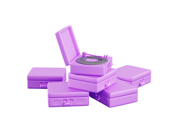 Obraz na płótnie Canvas 3d render vinyl record players in purple monochrome design. Stack of vintage suitcases with music turntables, old phonographs in modern style on background, banner for retro party