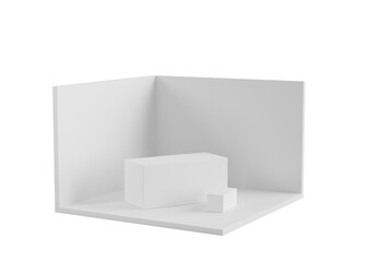 Isometric booth stand for trade show 3d render icon. Mockup empty exhibition room with white walls, floor and podiums. Blank corner display showroom, isolated presentation stall