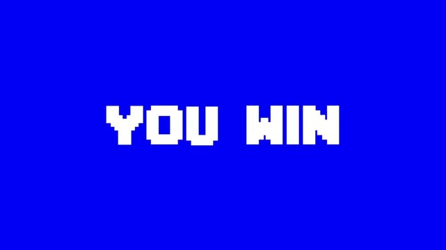 Pixel art YOU WIN text, Retro game win animation, 8-bit victory screen, Arcade game message, Blue pixel background, Game success text, Animated win display, You win animation for retro games, video. - Powered by Adobe