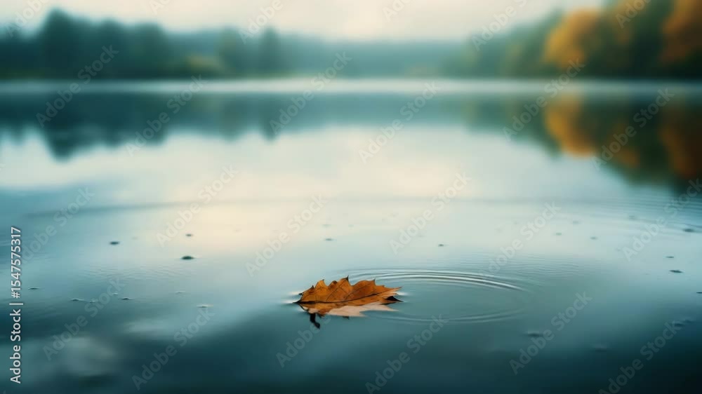 Aufkleber A leaf floating on the surface of an autumn lake, with ripples spreading out from its center. The background is blurred and features a forest landscape in soft focus
