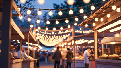 Obraz premium Illuminated market stalls adorned with string lights offering a warm and welcoming atmosphere during evening hours