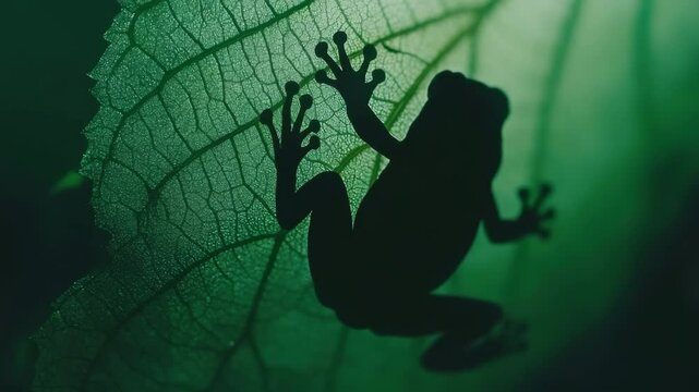 Tree frog silhouette on a leaf, against a dark green background, close-up. The leaf sways slightly in the wind.