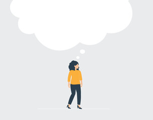 Illustration of a businesswoman who thinks big. Woman with large speech bubble, creative business ideas and imagination. Concept of innovation, communication and women empowerment. Vector illustration