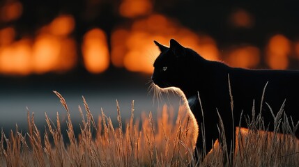 A mysterious black cat silhouetted against the warm glow of the setting sun standing alert and vigilant in a field of tall grass
