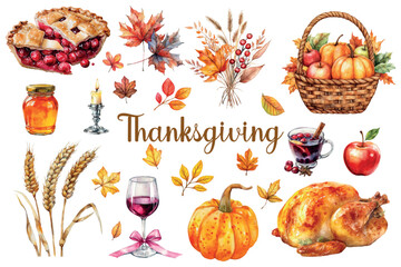 Set of watercolor Thanksgiving symbols. Baked turkey, berry pie, wheat, pumpkin, wine, basket with autumn harvest, lantern and other symbols of the festive table. Happy Thanksgiving.