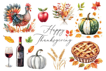 Set of Thanksgiving elements. Turkey, pumpkin, pie, wheat, autumn leaves, wheat and autumn floral arrangement. Festive elements and symbols for Thanksgiving Day. Vector illustration.
