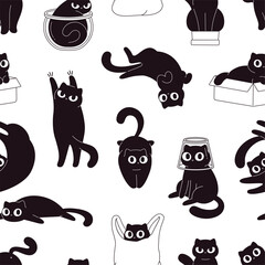 Black cats seamless pattern. Funny kittens different poses. Cute cartoon cat in bag, decorative print for fabric, wrapping, wallpaper, vector background