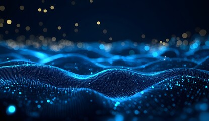 A blue background with glowing data points and an upward-trending line graph, representing stock market growth or business success in the style of digital art. 