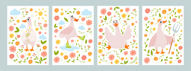 Floral goose cards. Cartoon geese with flowers and garden tools, walking on puddle in rubber boots. Funny covers design with birds, classy vector set