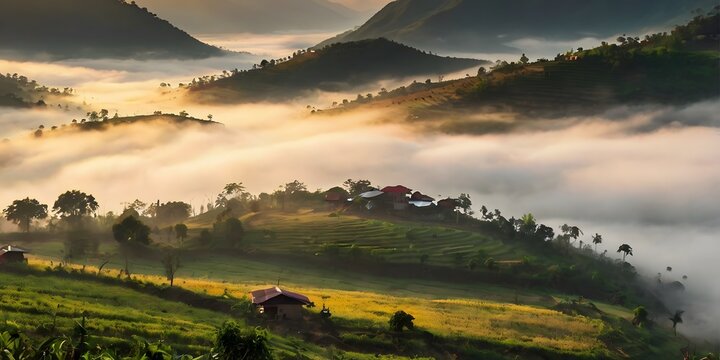 Golden misty hills with village houses in Sajek Valley &ndash; AI generated tranquil sunrise landscape in Bangladesh with fog, greenery, and peaceful mountain scenery.