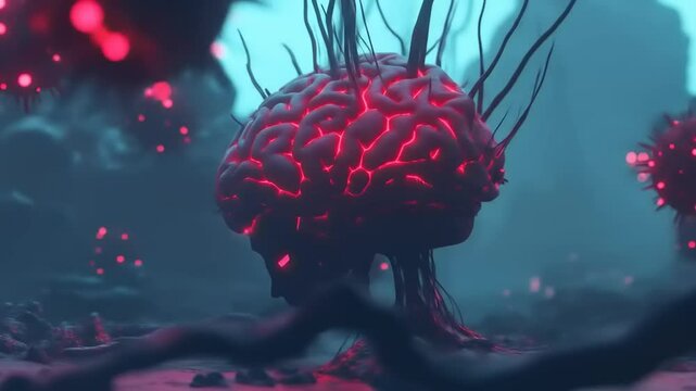 Glowing Brain in Alien Landscape.