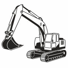 Black and White Excavator Vector Illustration – Heavy Construction Equipment Icon
