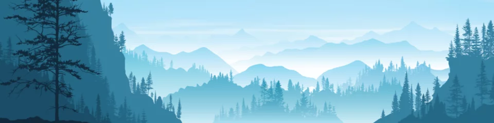 Selbstklebende Fototapeten Blue Jeans Mountain landscape with forest, mountain valley, morning light, vector illustration, panoramic view  © Valerii